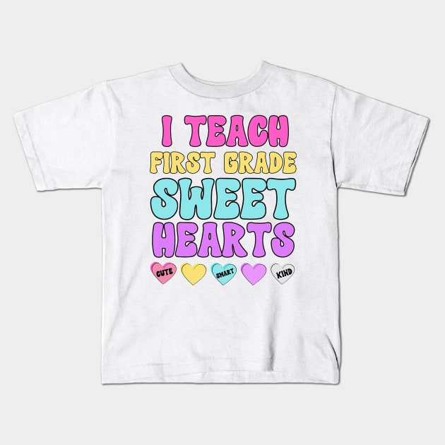 I Teach 1st Grade Sweethearts Retro Valentines Day Teacher Kids T-Shirt by jadolomadolo